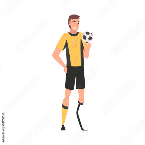 Disabled Soccer Player in Sports Uniform with Ball, Male Athlete Character with Bionic Arm Prosthesis Vector Illustration