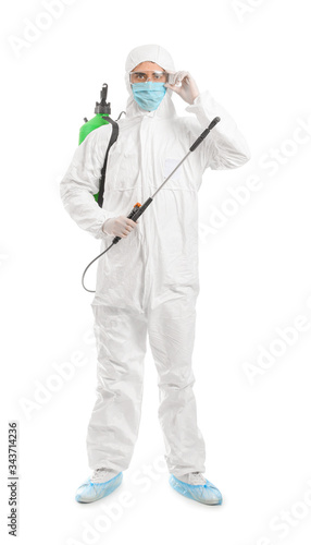 Worker in biohazard suit an...