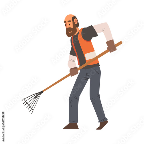 Man Janitor Cleaning with Rake, Male Professional Cleaning Staff Character Wearing Orange Vest with Equipment Vector Illustration