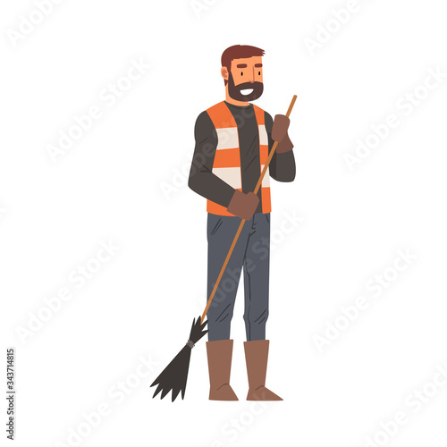 Man Janitor Sweeping with Broom, Male Professional Cleaning Staff Character with Equipment, Cleaning Company Service Vector Illustration
