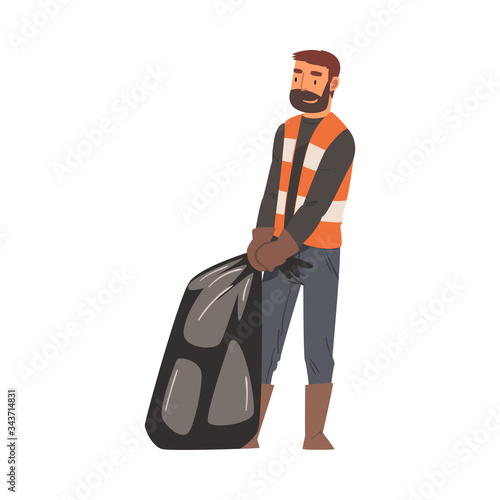 Man Janitor with Heavy Trash Bag, Male Professional Cleaning Staff Character Wearing Orange Vest Vector Illustration