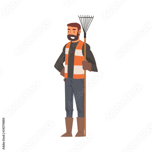 Man Janitor Standing with Rake, Male Professional Cleaning Staff Character with Equipment, Cleaning Company Service Vector Illustration