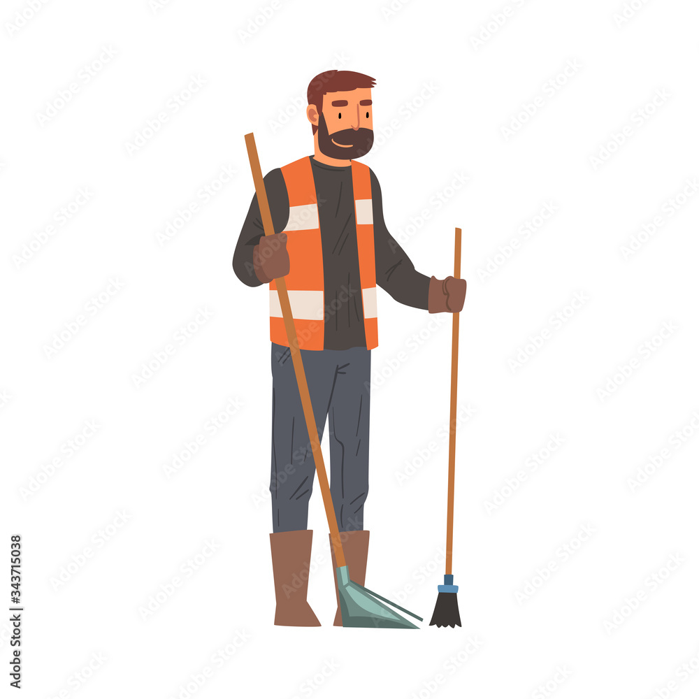 Man Janitor Sweeping with Broom and Scoop, Male Professional Cleaning Staff Character with Equipment, , Cleaning Company Service Vector Illustration Man Janitor Sweeping with Broom and Scoop, Male Professional Cleaning Staff Character with Equipment, , Cleaning Company Service Vector Illustration