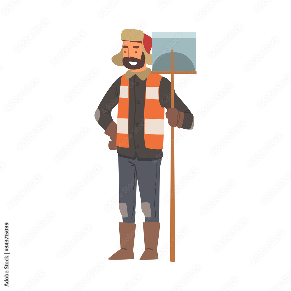 Man Janitor Standing with Big Shovel, Male Professional Cleaning Staff Character with Equipment, Cleaning Company Service Vector Illustration