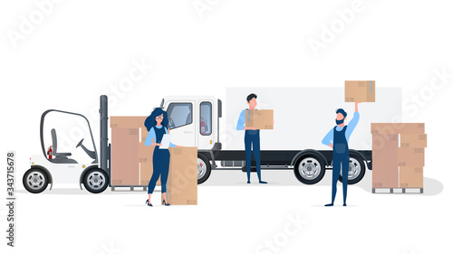 Loading cargo into the car. Movers carry boxes. The concept of moving and delivery. Truck, forklift, loader. Vector.