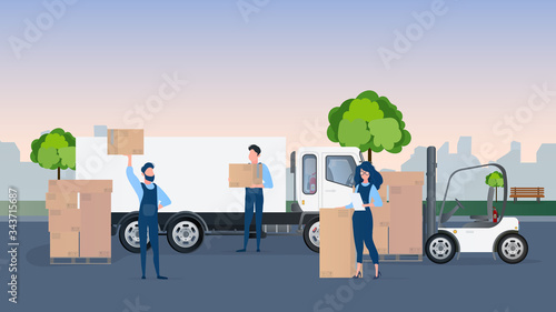Loading cargo into the car. Movers carry boxes. The concept of moving and delivery. Truck, forklift, loader. Vector.