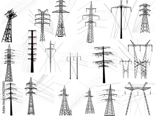 Wallpaper Mural set of isolated nineteen electric pylols on white