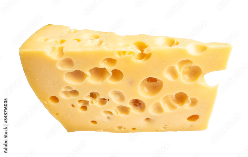 triangular piece of yellow cow's milk swiss cheese with holes cutout on white background