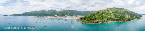 Panorama Aerial view of Dai Lanh beach, Van Ninh, Khanh Hoa. Situated at the south central coast of Vietnam,a two-kilometre bay with a fishing village at one end & a beach at the other