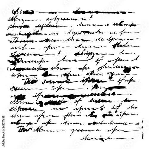 Vintage handwritten unreadable letter. Female handwriting in ink on a white background. Black and white square carde. Vector illustration.