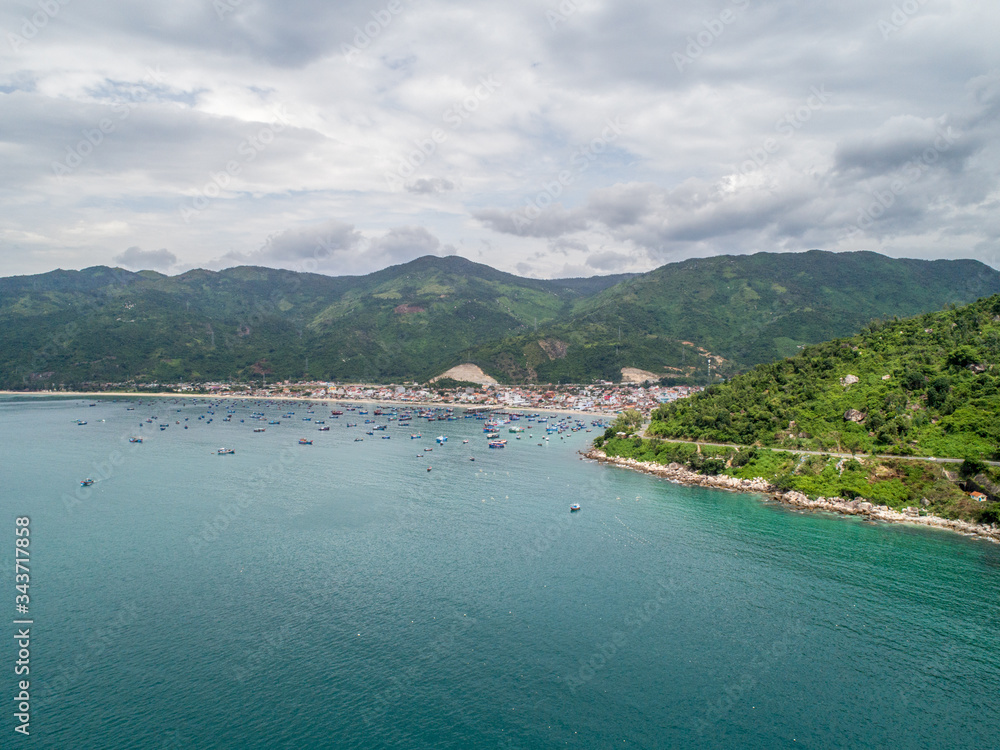 Aerial view of Dai Lanh beach, Van Ninh, Khanh Hoa. Situated at the south central coast of Vietnam,a two-kilometre bay with a fishing village at one end & a beach at the other