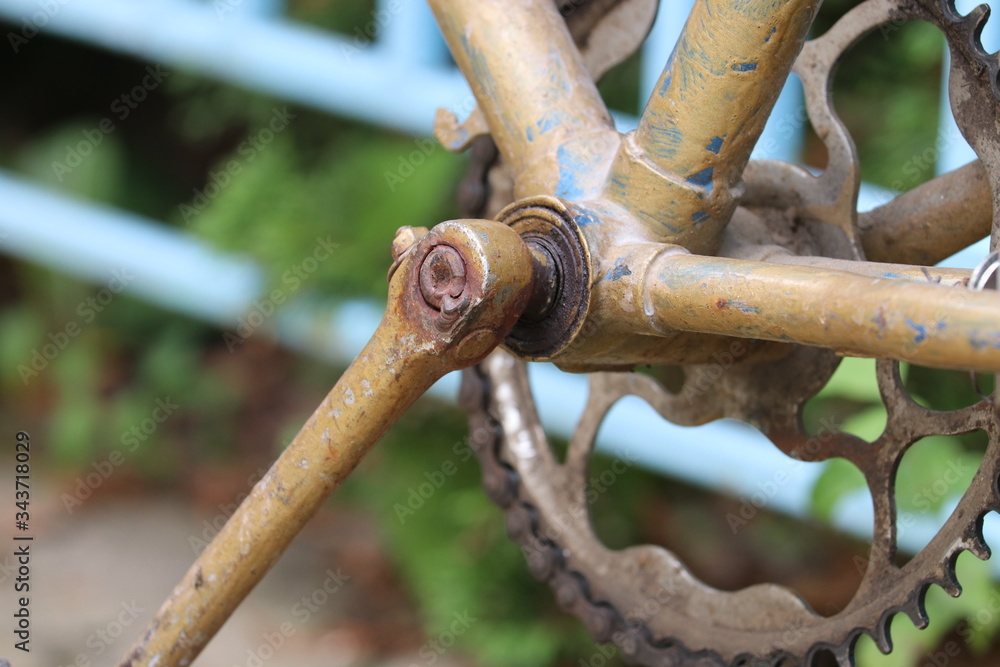 Parts of Old Retro Bicycle. Wedge Bolt on the crank arm . Selective focus Parts of Old Retro Bicycle. Wedge Bolt on the crank arm . Selective focus