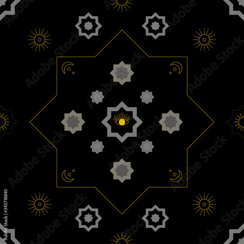 spiritual background, black seamless pattern with golden elements. Occulture style, magic, divination, alchemy, palmistry, spiritual pursuits. Pattern with moon, eye and sun. Vector illustration.