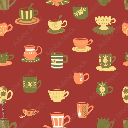 Vector hand drawn doodle cups. Seamless vector background.