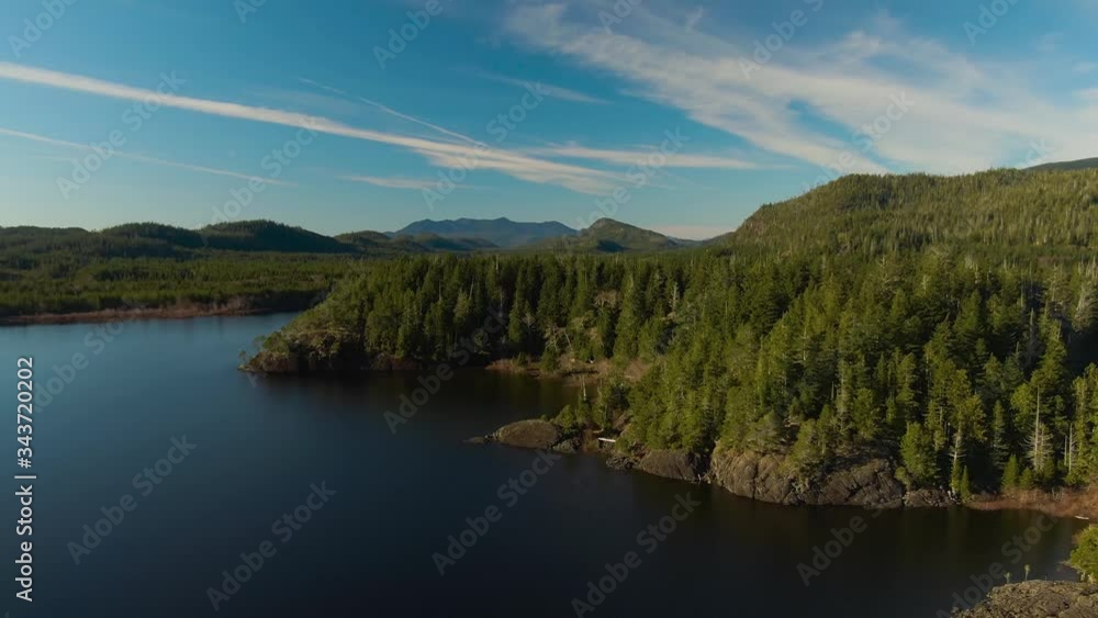 Beautiful Aerial View of Kennedy Lake during a vibrant sunny day