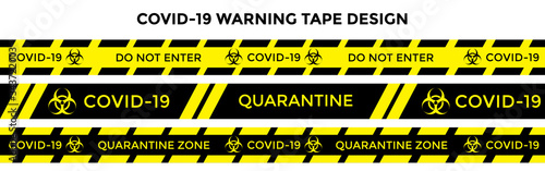 Covid-19 quarantine warning tape design. 4 yellow and black design. Vector illustration.