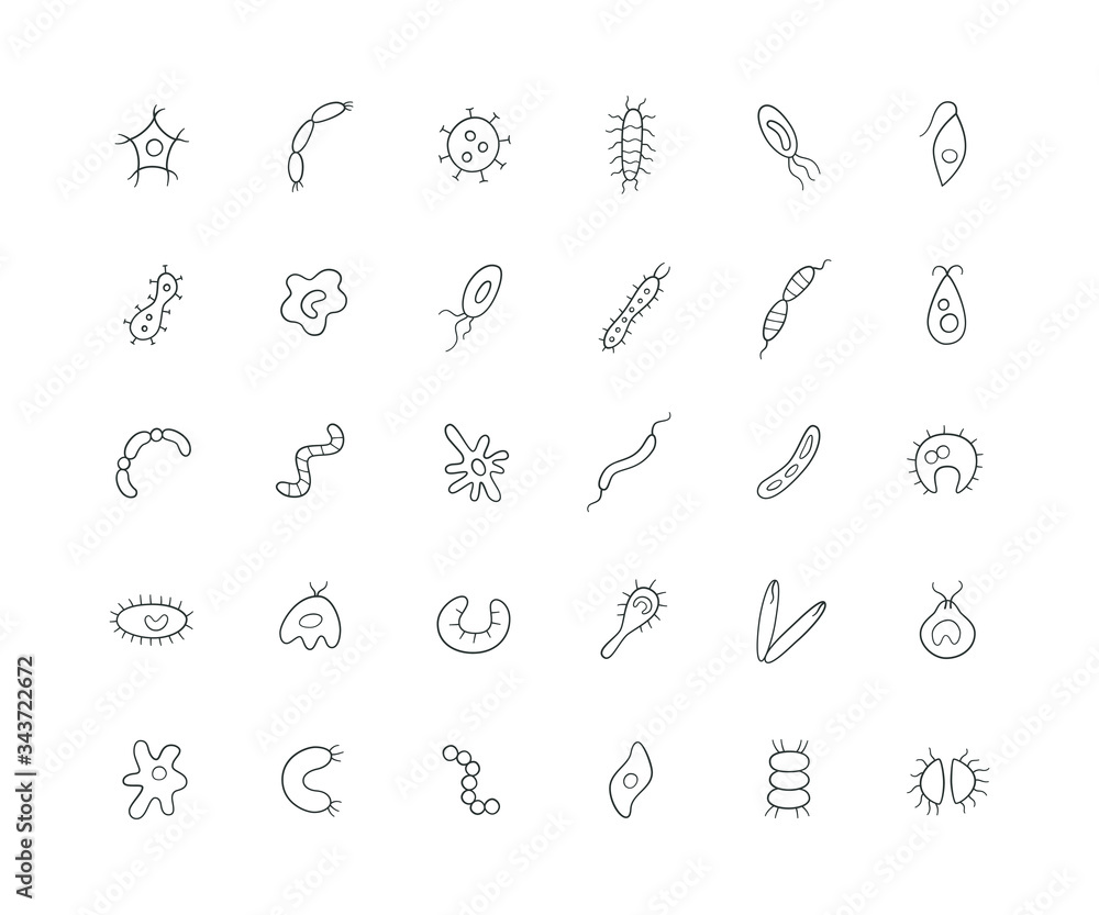 Microbes, virus, bacterias and pathogen line icons set. Collection of abstract vector germs in the linear style on white background Microbes, virus, bacterias and pathogen line icons set. Collection of abstract vector germs in the linear style on white background