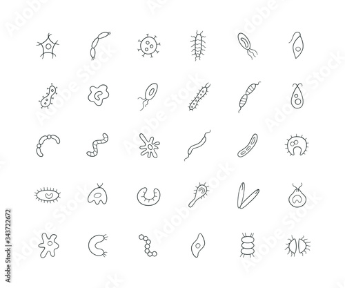 Microbes, virus, bacterias and pathogen line icons set. Collection of abstract vector germs in the linear style on white background