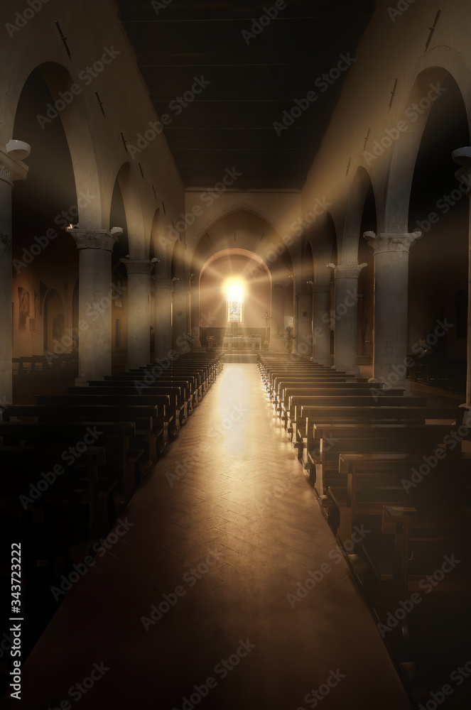 chiesa e altare illuminati da lame di luce