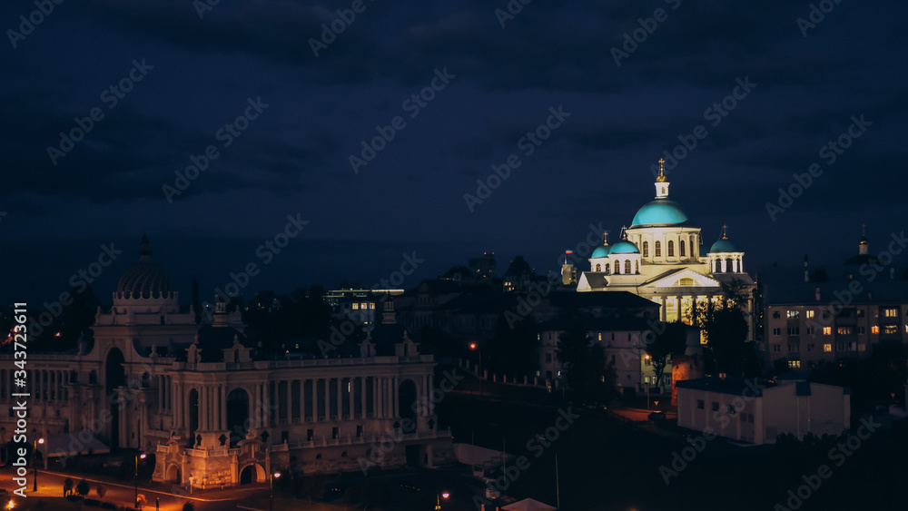 Russia. Kazan. August, 2019. Summer. Night cityscape of Kazan. View of the right-winged church with a blue dome. Night.