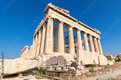 View of one of the sides of the facade of the Partenon in Athens, Greece
