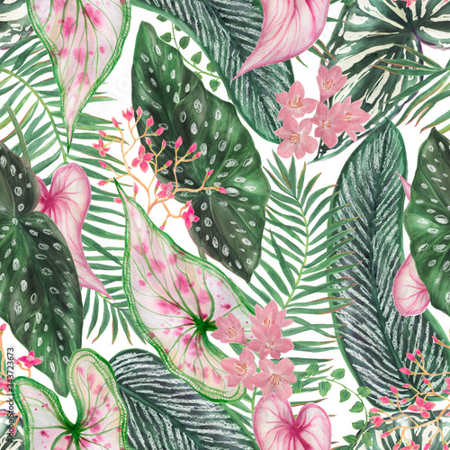 Watercolor painting seamless pattern with tropical flowers, leaves