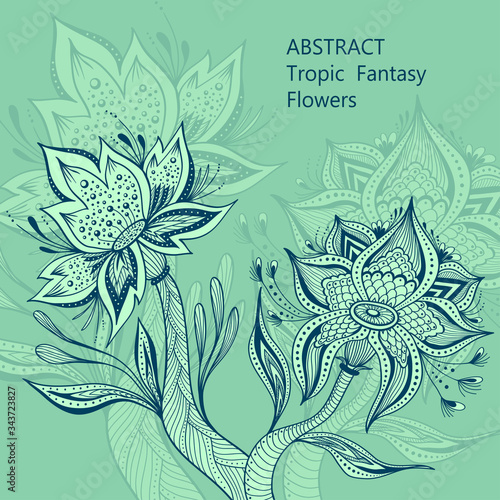 Template from Abstract Dancing Tropic Fantasy flowers in marine blue colors  for  cosmetic  perfume or for decoration different things or hygiene products or  for creative Post Card