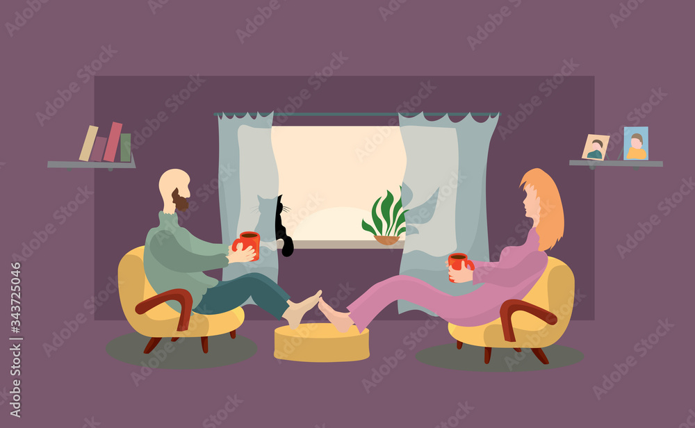 vector man and woman are sitting in chairs with coffee mugs in hands on the background of window with a cat. warm morning together at home