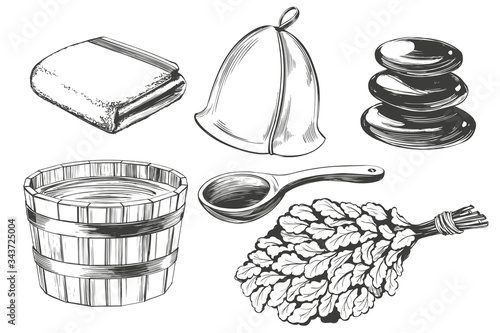 bath accessories, Russian sauna, water, steam broom, hand drawn vector illustration realistic sketch