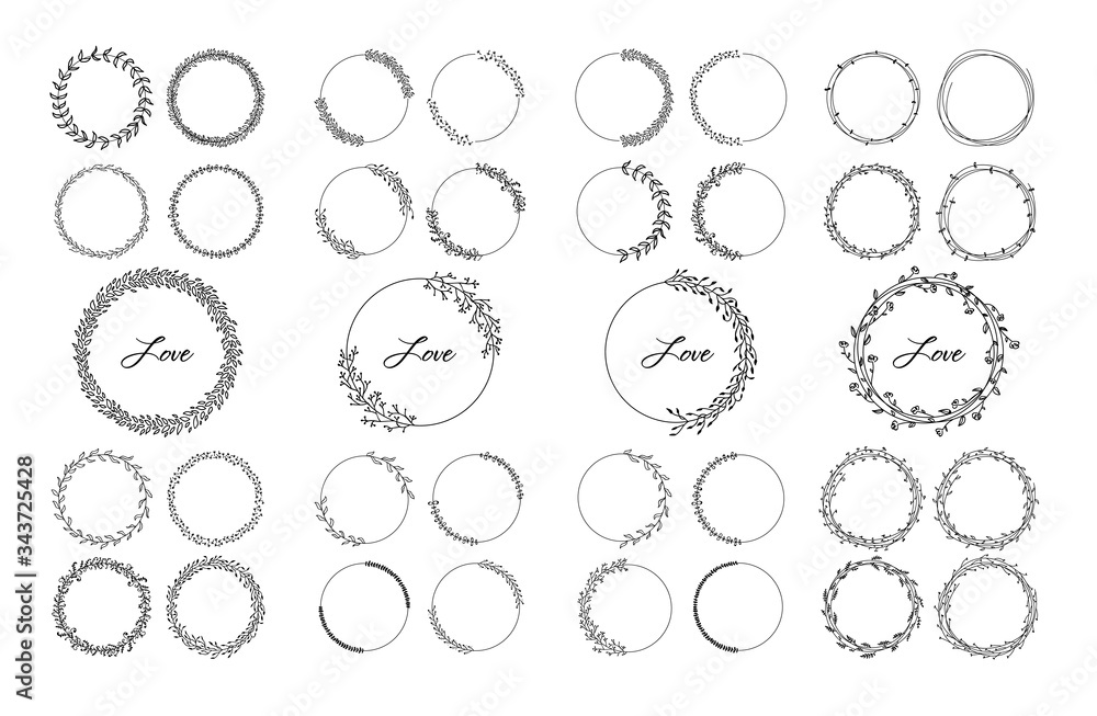 Vector black and white image. Set of round frames of flowers and branches for decoration of inscriptions or logos. Detail painted plants, leaves and flowers. Vector black and white image. Set of round frames of flowers and branches for decoration of inscriptions or logos. Detail painted plants, leaves and flowers.