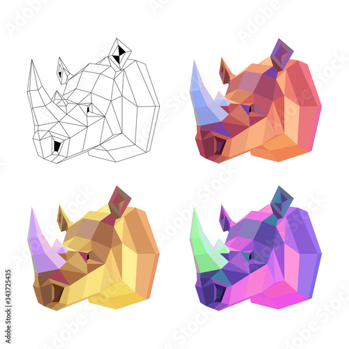 Image set. Vector image - origami. Rhinoceros head from colored paper. Abstract image consisting of geometric shapes. Trendy bright neon colors.
