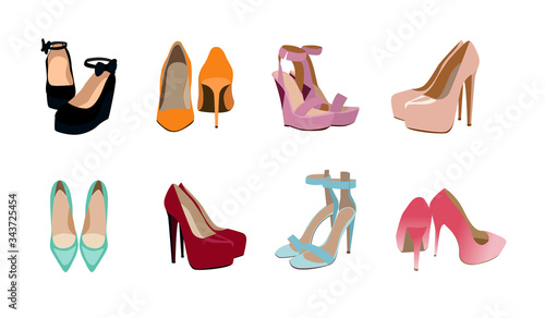 Vector illustration of a set of fashionable shoes with heels.