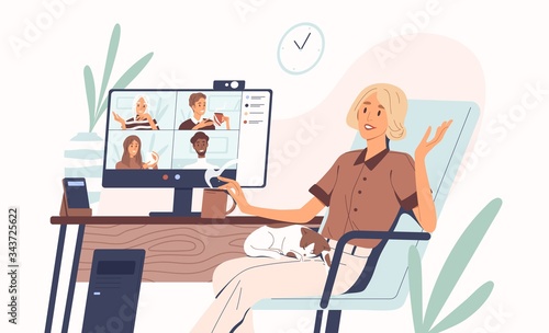 Young woman having videoconference with colleagues. Corporate video call, distant discussion. Friends talking online. Concept of teamwork during quarantine. Vector illustration in flat cartoon style