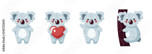 Cute koala isolated. Funny cartoon animal. Characters for kids. Vector illustration. Flat eps10. Koala with heart. Koala on a tree.