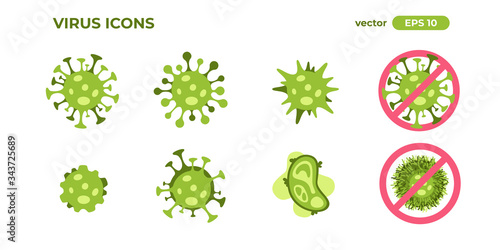 Bacteria icons isolated. Virus microbe cell sign/symbol. Covid-19, Coronavirus infection. Vector illustration. Flat eps10. Pandemic and quarantine.