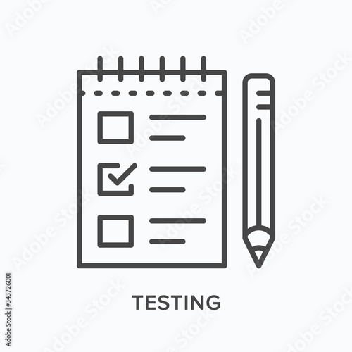 Testing line icon. Vector outline illustration of paper and pencil. Exam checklist pictorgam