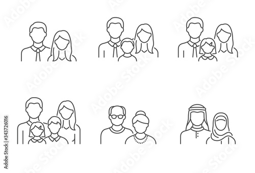 People avatar flat icons. Vector illustration included icon as man, female head, muslim, senior, familes and couples human face outline pictogram for user profile. Editable Stroke