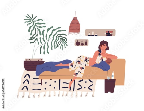 Happy woman lying in bed and surfing internet. Girl spending time at home, chatting in social network or messenger. Stay home concept. Freelancer lifestyle. Vector illustration in flat cartoon style