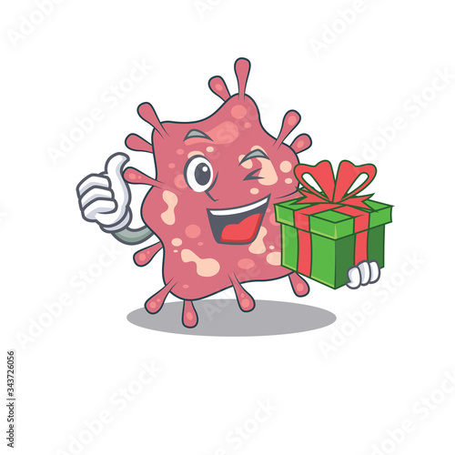 Smiling haemophilus ducreyi cartoon character having a green gift box