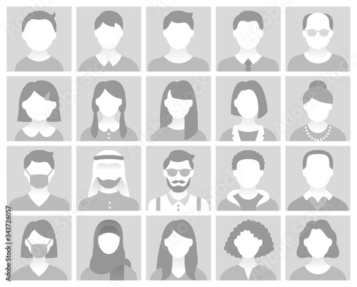 People avatar flat icons. Vector illustration included icon as man, female head, muslim, senior, adult and young human face pictogram for user profile. Round generic neutral portraits