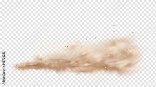 Road dust cloud with flying stones and particles isolated on transparent background. A cloud of dust sand flying from under the wheels of a fast-moving car or motorcycle. Realistic vector illustration