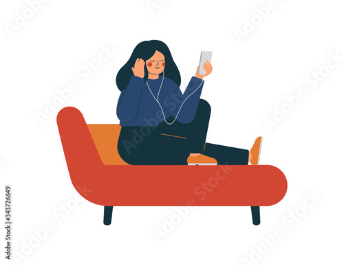 Young woman is sitting on the couch and listening to music or audio book with headphones on her smartphone. Teenager Girl is learning languages online. Vector illustration