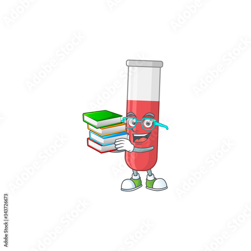 A mascot design of red test tube student character with book
