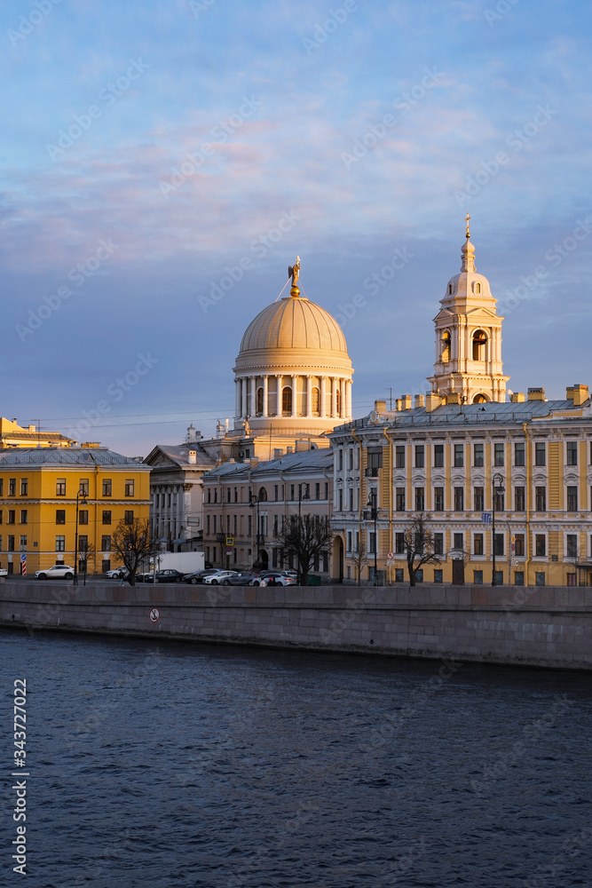 Culture and Sights of Saint Petersburg, beautiful white Cathedral with a dome, pleasant sky