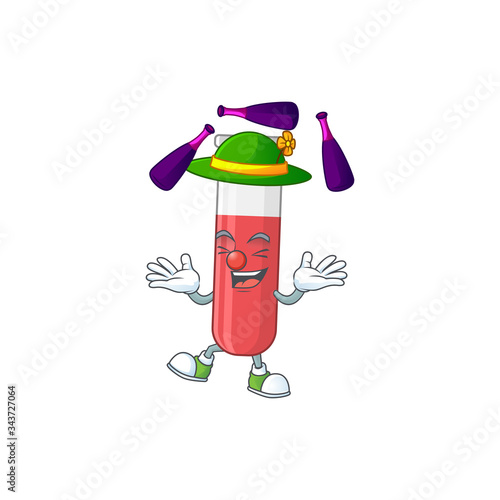 mascot cartoon style of red test tube playing Juggling on stage