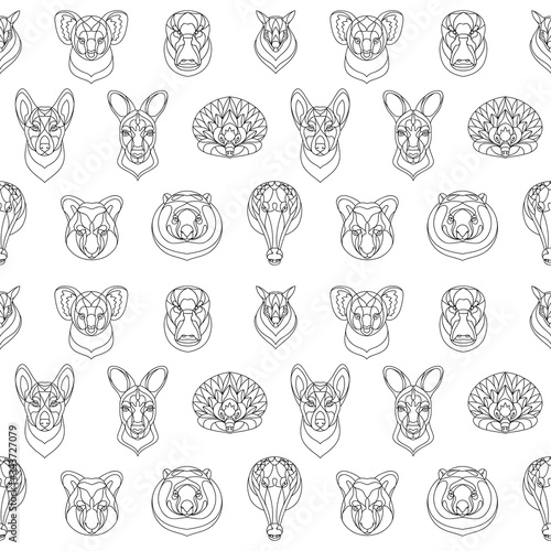 Australian animals outline coloring seamless pattern. Vector illustration