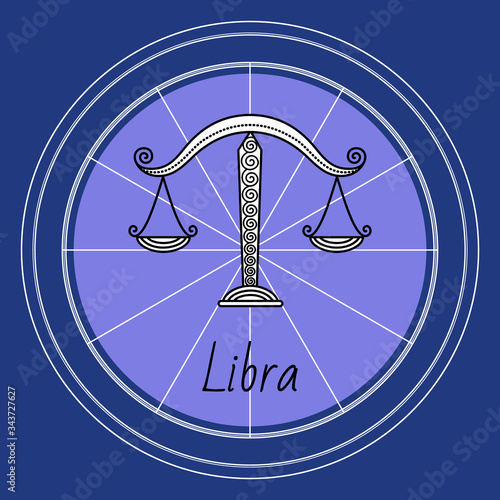 Libra zodiac sign of horoscope. Balance scales symbol of astrological element for people born in september and october. Astrology science, decorative design with circle and lines. Vector in flat