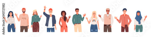 People greeting gesture. Different nations representatives waving hand saying hi. Men, women in casual clothes say hello. People waving hands and gesturing in friendly way. Characters wave their hand