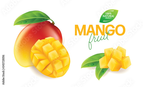 Fresh mango with slices and leaves Vector illustration 