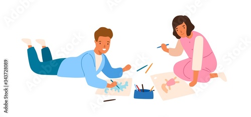 Smiling cartoon children drawing colored picture on paper vector flat illustration. Creative happy boy and girl enjoy hobby painting on floor isolated on white background. Kid creating pictures